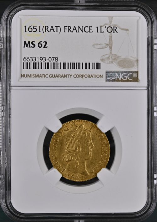 【レア度4-R4】フランス 1651(RAT)年 ルイ14世 1ルイドール金貨 NGC-MS62