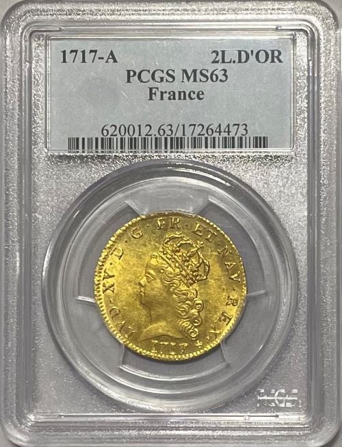 【レア度1-R1】フランス 1717-A年 ルイ15世 2ルイドール金貨 PCGS-MS63