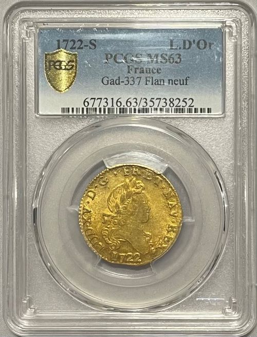 【レア度1-R1】フランス 1722-S年 ルイ15世 1ルイドール金貨 PCGS-MS63