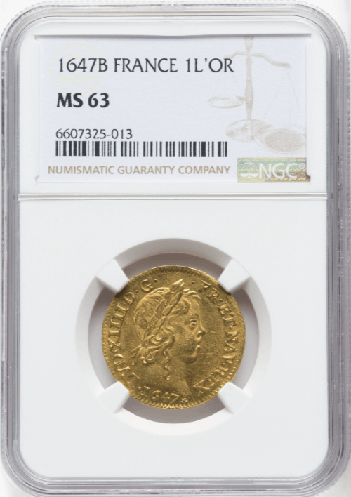 【動画あり】【レア度1-R1】フランス 1647-B年 ルイ14世 1ルイドール金貨 NGC-MS63