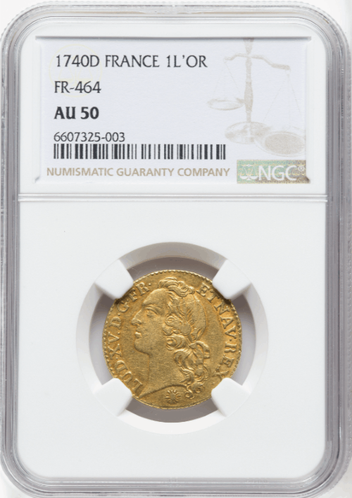 【レア度1-R1】フランス 1740-D年 ルイ15世 1ルイドール金貨 NGC-AU50