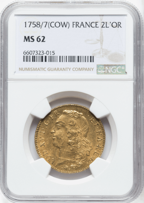 【レア度R1/R2】フランス 1758/7-COW年 ルイ15世 2ルイドール金貨 NGC-MS62