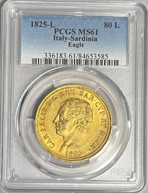 イタリア 1825年 カルロ・フェリーチェ 80リラ金貨 PCGS-MS61