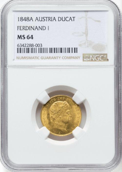 アンティークコイン オーストリア 1848-A年 フェルディナント1世 1ダカット金貨 NGC-MS64