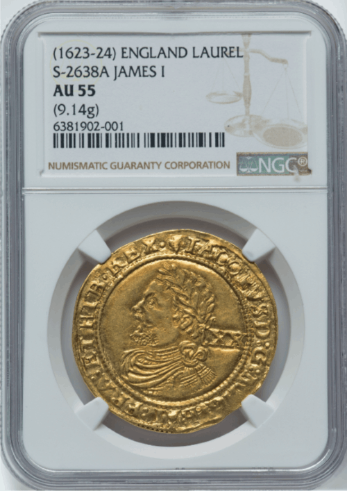 【動画あり】アンティークコイン グレートブリテン 1623-24年 ジェームズ1世 ゴールド・ローレル金貨 NGC-AU55