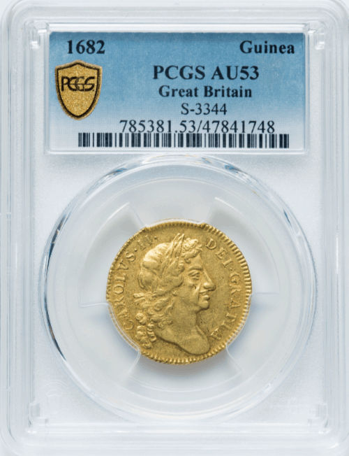 【動画あり】【レア度1-R1】アンティークコイン グレートブリテン 1682年 チャールズ2世 1ギニー金貨 PCGS-AU53