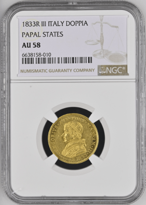 【レア度3-R3】イタリア 1833-R年 グレゴリウス16世 1ドッピア金貨 NGC-AU58