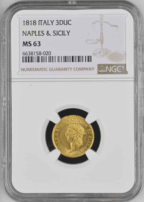 【レア度1-R1】イタリア 1818年 フェルディナンド4世 3ドゥカティ金貨 NGC-MS63