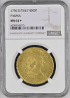 【レア度4-R4】イタリア 1796S年 フェルディナンド1世 4ドッピア金貨 NGC-MS61+