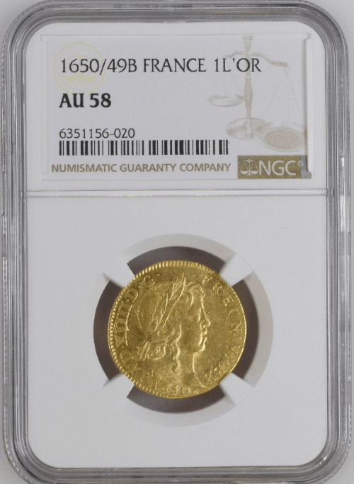 【レア度2-R2】フランス 1650/49-B年 ルイ14世 1ルイドール金貨 NGC-AU58