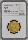 【レア度1-R1】フランス 1648-F年 ルイ14世 1ルイドール金貨 NGC-AU58