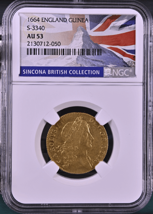 【レア度3-R3】グレートブリテン 1664年 チャールズ2世 1ギニー金貨 NGC-AU53