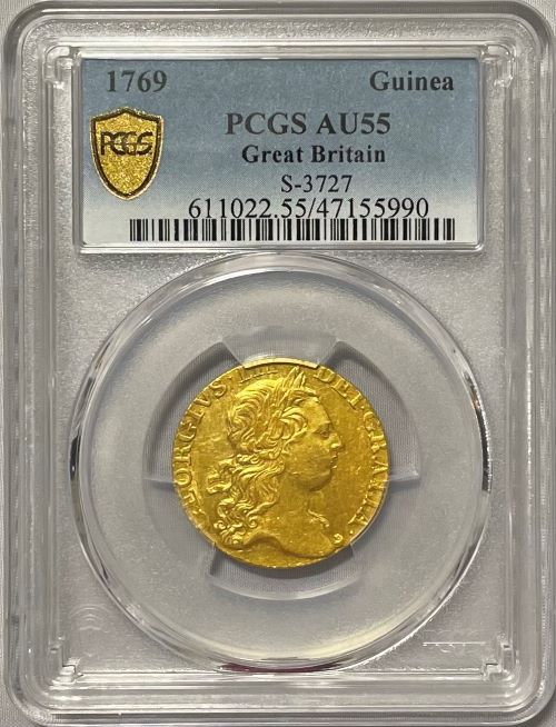【動画あり】【レア度1-R1】グレートブリテン 1769年 ジョージ3世 1ギニー金貨 PCGS-AU55