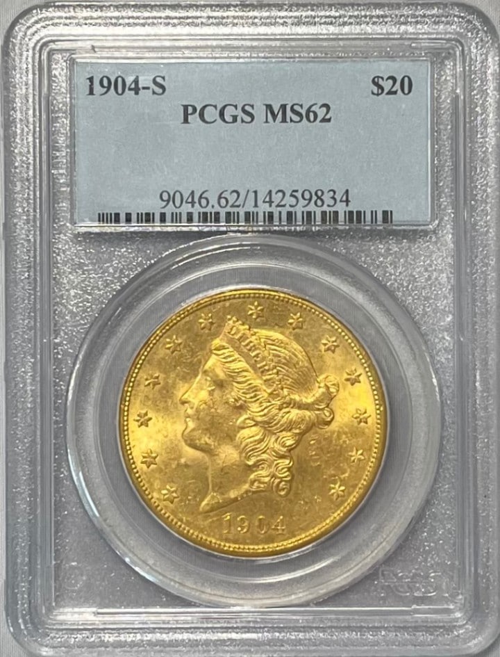 【資産防衛】アンティークコイン アメリカ 20ドル金貨 リバティヘッド1904-S $20 PCGS-MS62