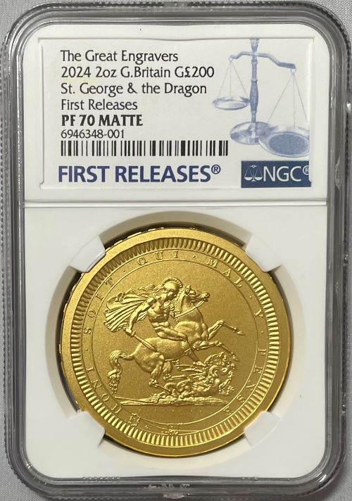 【動画あり】【ファーストリリース】グレートブリテン 2024年 チャールズ三世 セント・ジョージとドラゴン 2オンス 200ポンドプルーフ金貨 NGC-PF70 MATTE The Great Engravers Collection 6946348-001
