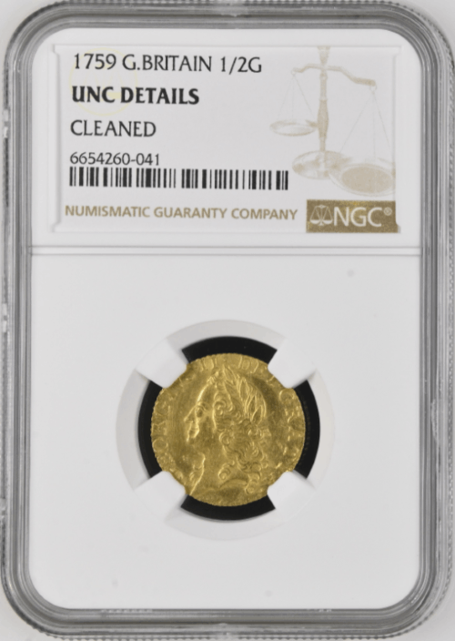 グレートブリテン 1759年 ジョージ2世 1/2ギニー金貨 NGC-UNC Detailes Cleaned