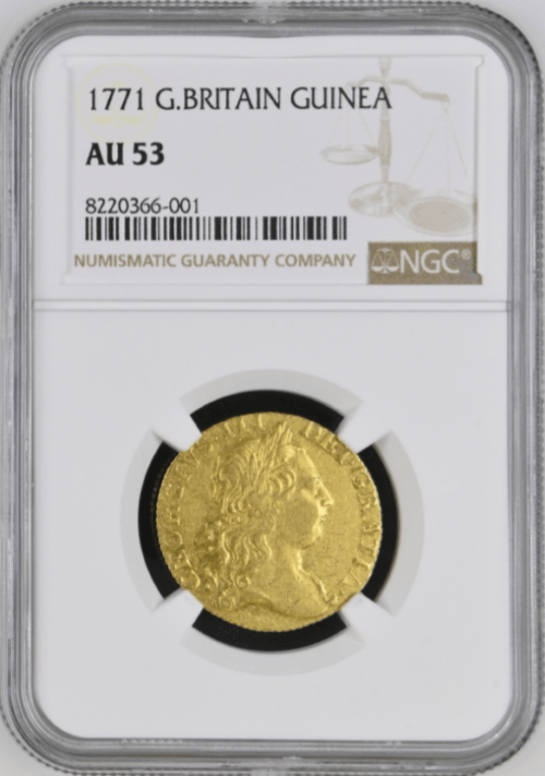 【レア度1-R1】グレートブリテン 1771年 ジョージ3世 1ギニー金貨 NGC-AU53
