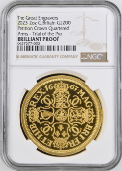 【トライアル・ピクス】グレートブリテン Great Engravers ペティションクラウンクォータードアーム 2023年 2オンス ブリリアントプルーフ金貨 NGC-BP