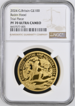 【トライアル・ピース】グレートブリテン 2024年 Myths and Legends ロビンフッド チャールズ3世 1オンス 100ポンド プルーフ金貨 NGC-PF70 UCAM
