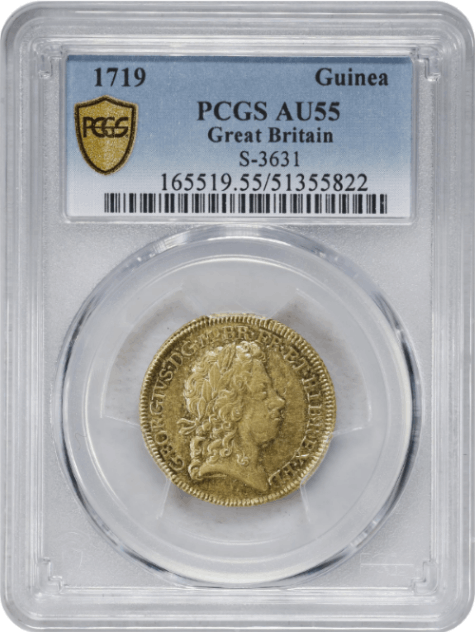 【レア度1-R1】 グレートブリテン 1719年 ジョージ1世 1ギニー金貨 NGC-AU55
