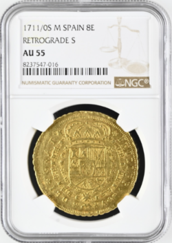 アンティークコイン 1711/0S年 スペイン フェリペ5世 8エスクード金貨 NGC-AU55
