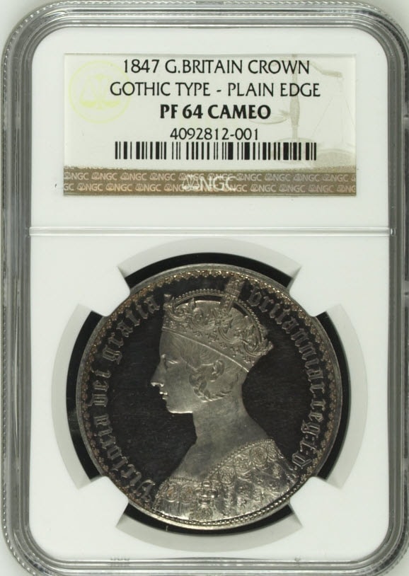 グレートブリテン　ヴィクトリア　ゴシック　クラウン1847Gothic Plain Edge PF64 Cameo NGC