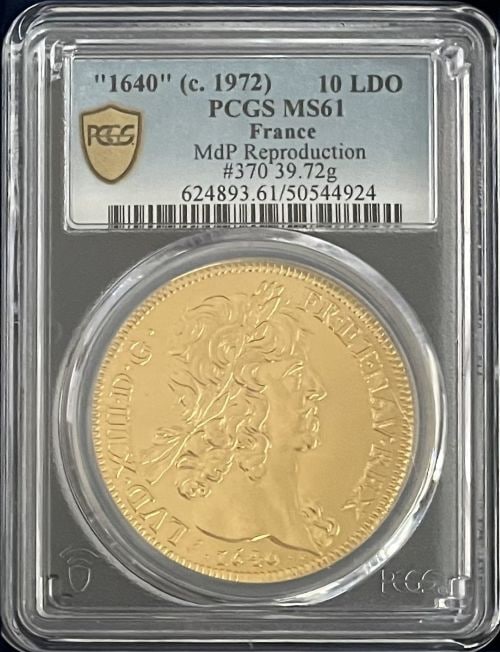 アンティークコイン 1640-A年 フランス ルイ13世 10ルイドール金貨 モダンリストライク PCGS-MS61