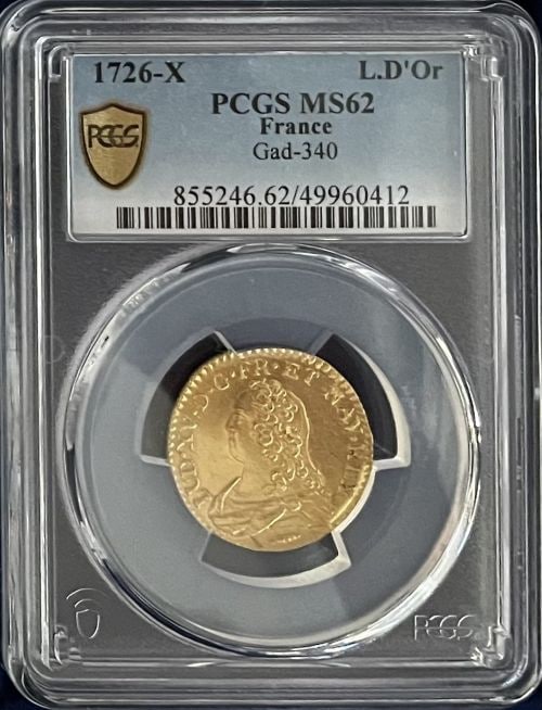 【レア度1-R1】フランス 1726-X年 ルイ15世 1ルイドール金貨 PCGS-MS62