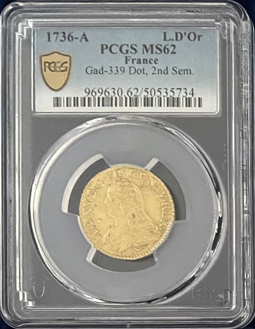 【レア度2-R2】フランス 1736-A年 ルイ15世 1ルイドール金貨 PCGS-MS62