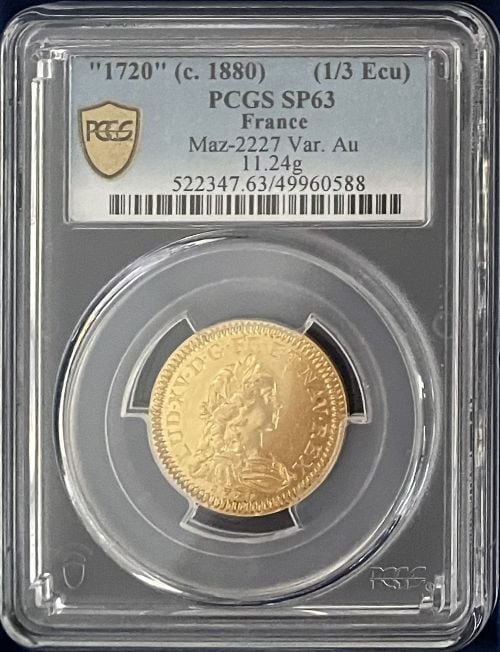 アンティークコイン フランス 第三共和政 1880年 ルイ15世銀貨 1/3エキュ・ダルジャン モジュール試鋳貨金貨 PCGS-SP63
