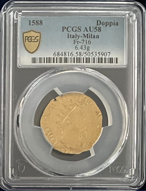 アンティークコイン イタリア ミラノ公国 1588年 フェリペ2世 1ドッピア金貨 PCGS-AU58