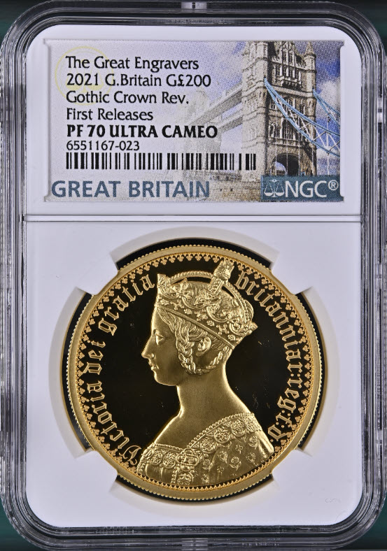 グレートブリテン 2021年 ニューゴシッククラウン 2オンス 200ポンドプルーフ金貨 NGC-PF70UCAM ファーストリリース