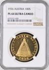 【動画あり】アンティークコイン 1936年 オーストリア共和国 100シリング金貨 NGC-PL64 UCAM