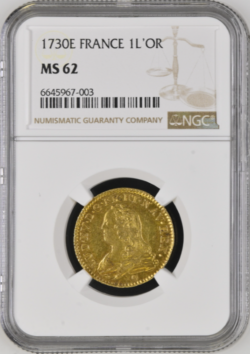 【動画あり】【レア度3-R3】フランス 1730-E年 ルイ15世 1ルイドール金貨 NGC-MS62