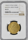 【レア度2-R2】1768年 イタリア ナポリ&シチリア王 フェルディナンド4世 6ドゥカティ金貨 NGC-AU55