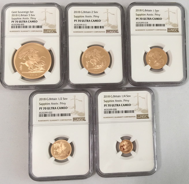 【鑑定済】グレートブリテン2018年エリザベスII世NGC PF70UCAM 5枚セット プルーフ金貨 オリジナル箱付き