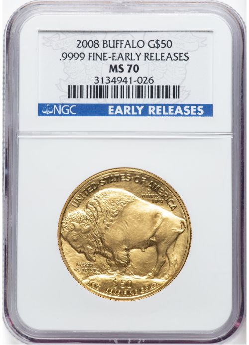 アメリカ 2008年 50ドル バッファロー 1オンス 純金地金金貨 NGC-MS70 アーリーリリース 3134941-026