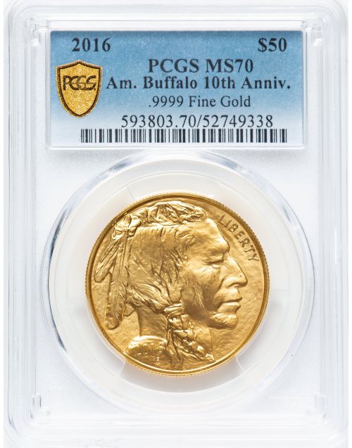 アメリカ 2016年 50ドル バッファロー 1オンス 純金地金金貨 10th Anniversary PCGS-MS70 52749338
