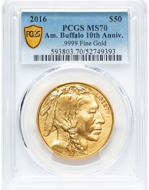 アメリカ 2016年 50ドル バッファロー 1オンス 純金地金金貨 10th Anniversary PCGS-MS70 52749393