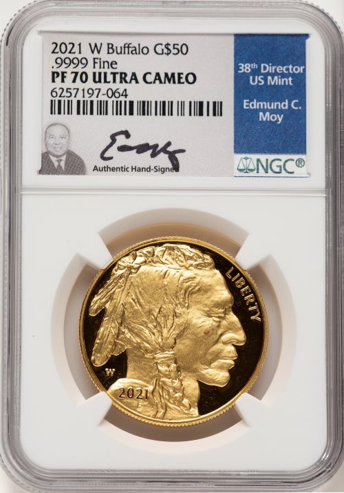 アメリカ 2021年 50ドル バッファロー 1オンス 純金地金金貨 NGC-PF70 UCAM 6257197-064 Edmund C. Moyサイン入り