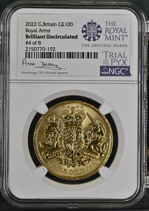 【トライアル・ピクス】NGC鑑定 グレートブリテン ロイヤル・アームズ 2022年 1オンス 100ポンド Brilliant Uncirculated 地金金貨