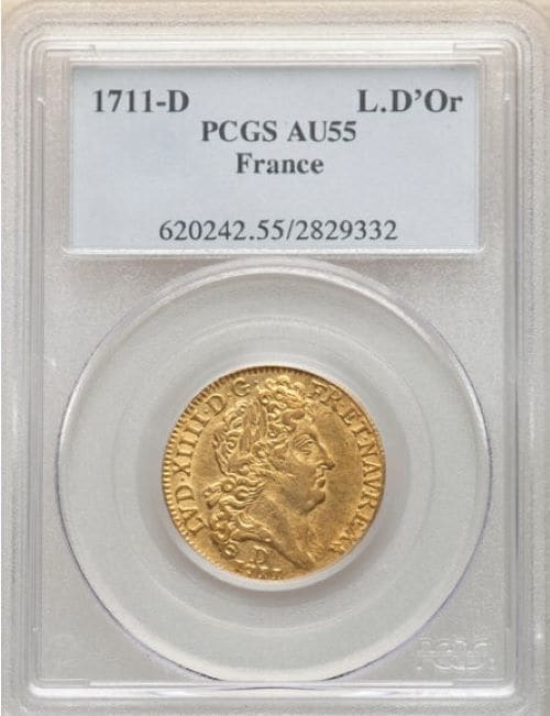 【レア度2-R2】フランス 1711-D年 ルイ14世 1ルイドール金貨 PCGS-AU55