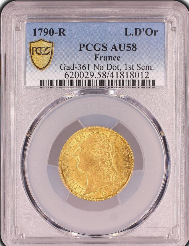 【レア度3-R3】フランス 1790-R年 ルイ16世 1ルイドール金貨 PCGS-AU58