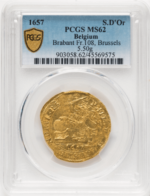 【動画あり】アンティークコイン ベルギー ブラバント公国 ブリュッセル 1657年 フェリペ4世 1ソブリン ライオンドール金貨 PCGS-MS62