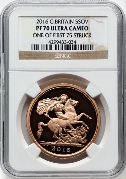 【One of First 75 Struck】グレートブリテン 2016年 エリザベスII世 5ソブリン プルーフ金貨 NGC-PF70 UCAM