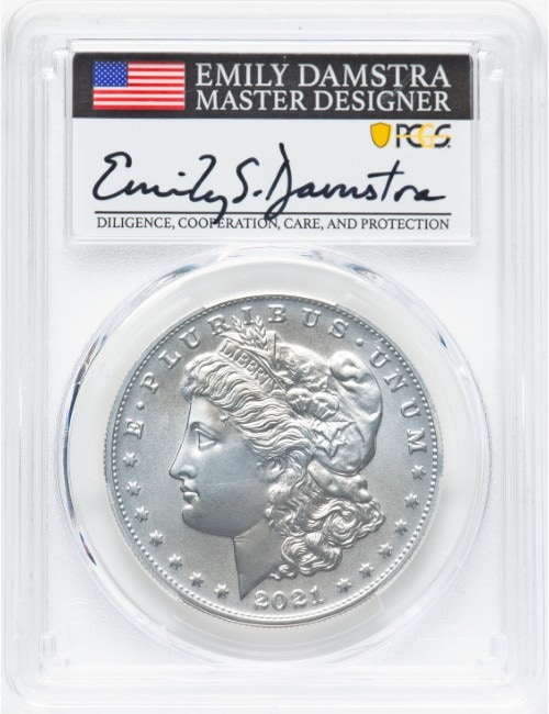 【エミリー・S・ダムストラ サイン入り】アメリカ 2021年 「CC」プリヴィ・マーク付 モルガン・ダラー 100周年記念銀貨 PCGS-MS70 アドバンスド・リリース 44033941