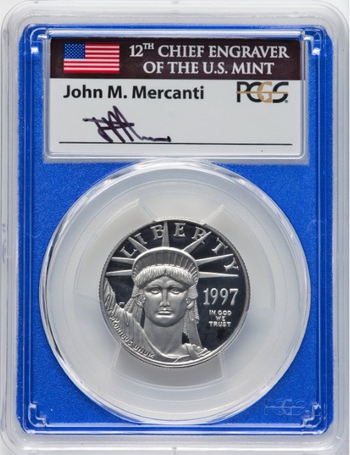 【ジョン・マーカンティ サイン入り】 アメリカ 50ドル 1/2オンス プラチナイーグル 1997-W年 PCGS-PR70 DCAM Mint Engravers Series