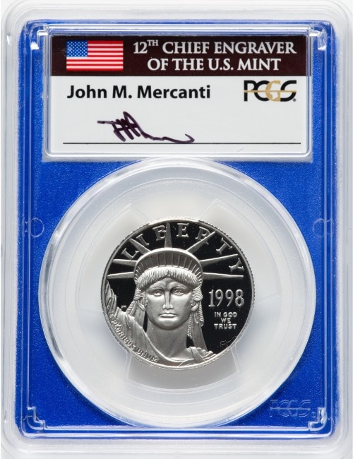 【ジョン・マーカンティ サイン入り】 アメリカ 50ドル 1/2オンス プラチナイーグル 1998-W年 PCGS-PR70 DCAM Mint Engravers Series