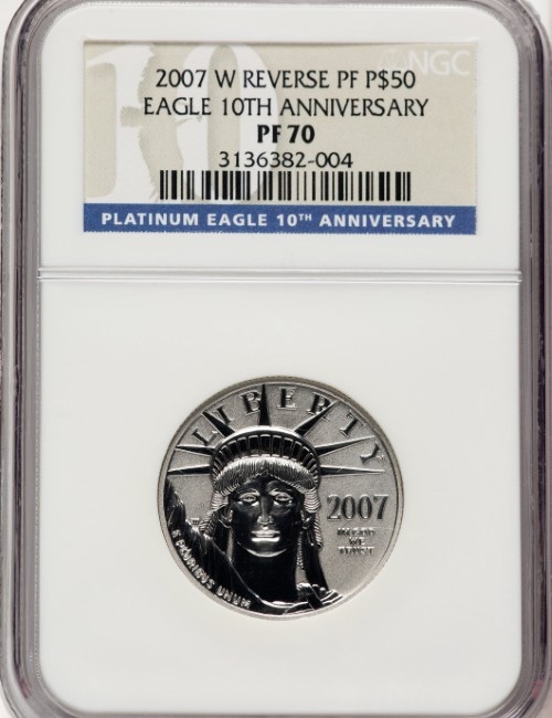 アメリカ 50ドル 1/2オンス プラチナイーグル 10周年記念リバース・プルーフ 2007-W年 NGC-PR70