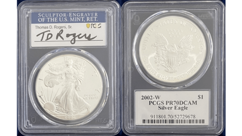 【トーマス・D・ロジャーズ サイン入り】アメリカ 1ドル シルバーイーグル銀貨 2002-W年 PCGS-PR70 DCAM